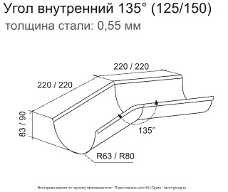 Угол желоба внутренний d-125 мм 135° ГрандЛайн GL PU Полиуретан 0,6 в Туле фото чертёж