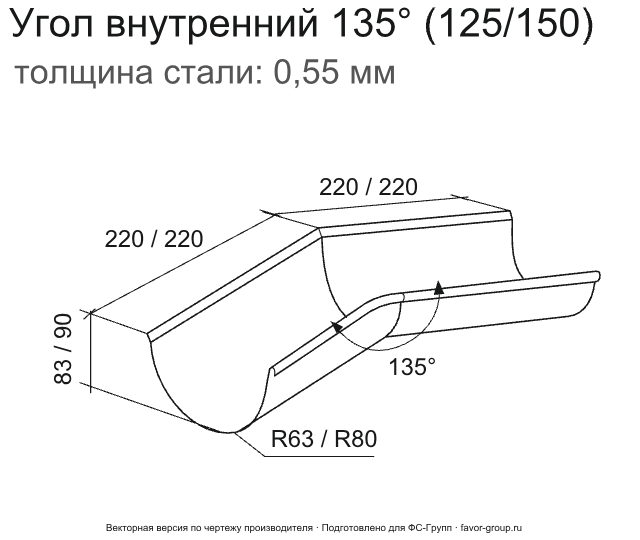 Угол желоба внутренний d-125 мм 135° ГрандЛайн GL PU Полиуретан 0,6 в Туле фото чертёж