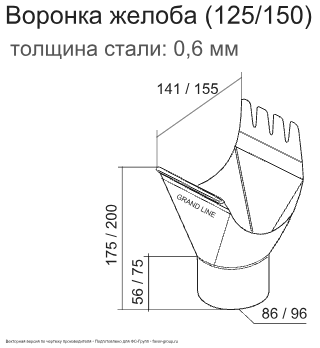 Воронка желоба d-125x90 мм ГрандЛайн GL PU Полиуретан 0,6 в Туле фото чертёж