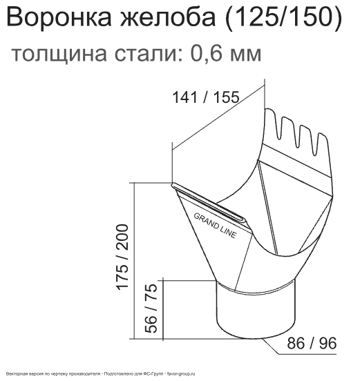 Воронка желоба d-125x90 мм ГрандЛайн GL PU Полиуретан 0,6 в Туле фото чертёж