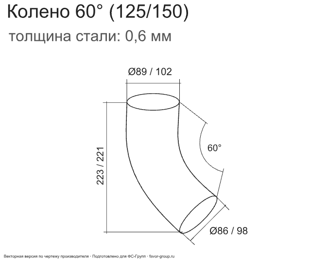 Колено трубы d-90 мм 60° ГрандЛайн GL PU Полиуретан 0,6 в Туле фото чертёж