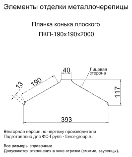 Планка конька плоского Металл Профиль 190x190x2000 Viking E 0,5 в Туле фото чертёж