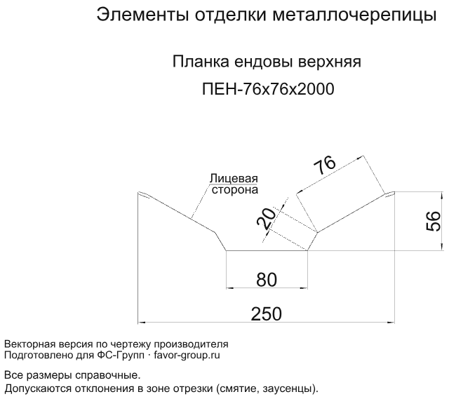 Планка ендовы верхняя Металл Профиль 76x76x2000 Цинк 0,45 цвет БЦ Бесцветный чертёж