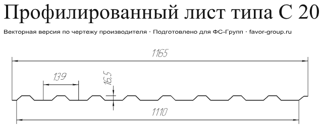 Профлист Гранд Лайн (Grand Line) С20 Drap 0,45 RAL 6005 (зелёный мох) чертёж