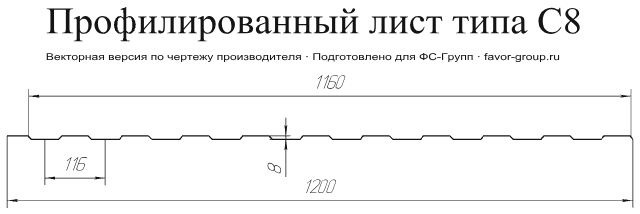 Профлист Гранд Лайн (Grand Line) С8 Полиэстер 0,45 RAL 5002 (ультрамариново-синий) чертёж