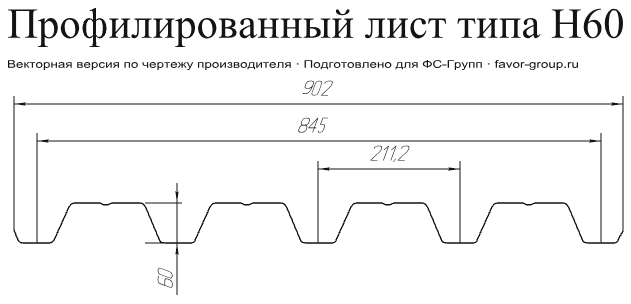 Профнастил ЮджинСтрой Н60 Оцинкованный 0,7 в Туле фото чертёж