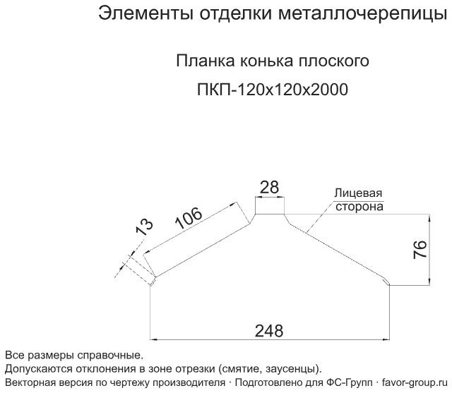 Планка конька плоского Металл Профиль 120x120x2000 Agneta 0,5 в Туле фото чертёж