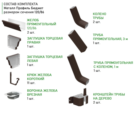 Комплект металлического водостока Металл Профиль Бюджет 120x86 мм 6 м/3 м Полиэстер RAL 8017 в Туле фото