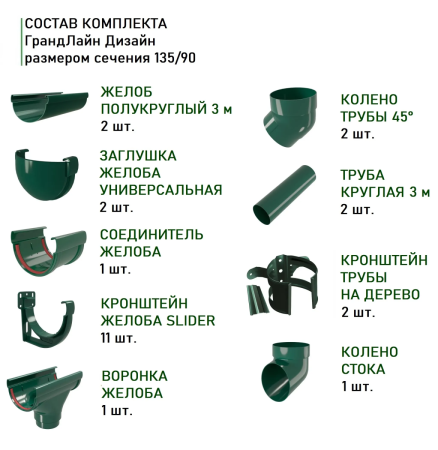 Комплект пластикового водостока d-135/90 мм ГрандЛайн Дизайн зеленый RAL 6005 в Туле фото