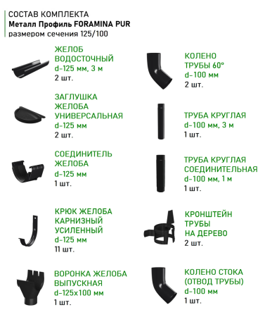 Комплект металлического водостока d-125x100 мм Металл Профиль FORAMINA PUR Purman двухсторонний RAL 9005 в Туле фото