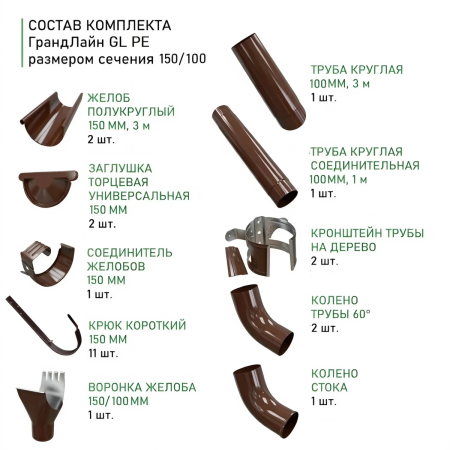Комплект металлического водостока Grand Line GL PE d-150x100 мм 6 м/3 м Полиэстер двухсторонний RAL 8017 в Туле фото