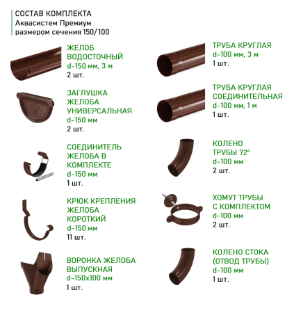 Комплект металлического водостока Аквасистем Премиум d-150x100 мм 6 м/3 м PU Matt RAL 8017 в Туле фото