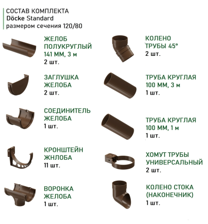 Комплект пластикового водостока d-120x80 мм Döcke Standard светло-коричневый RAL 8017 в Туле фото