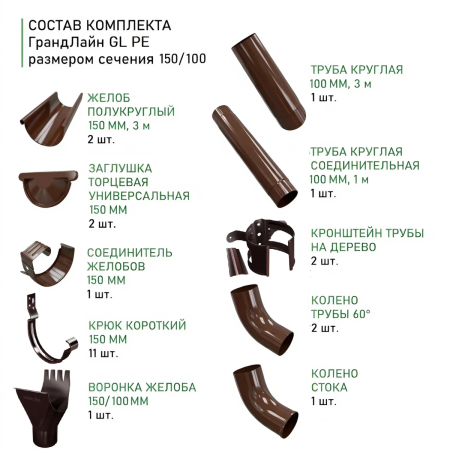 Комплект металлического водостока ГрандЛайн GL PU d-150x100 мм 6 м/3 м Полиуретан RAL 8017 в Туле фото
