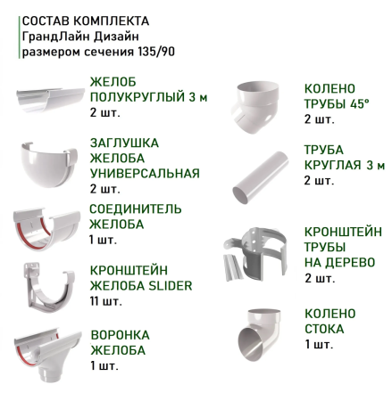 Комплект пластикового водостока d-135/90 мм ГрандЛайн Дизайн белый RAL 9003 в Туле фото
