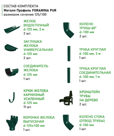 Комплект металлического водостока d-125x100 мм Металл Профиль FORAMINA PUR Purman двухсторонний RAL 6005 в Туле фото