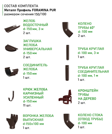 Комплект металлического водостока d-150x100 мм Металл Профиль FORAMINA PUR Purman двухсторонний RAL 8017 в Туле фото