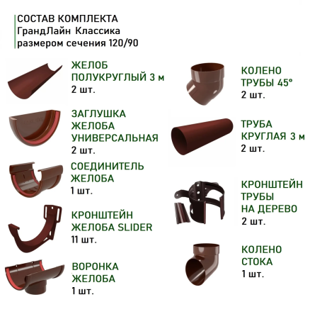 Комплект пластикового водостока d-120/90 мм ГрандЛайн Классика шоколадный RAL 8017 в Туле фото