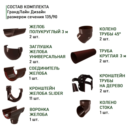 Комплект пластикового водостока d-135/90 мм ГрандЛайн Дизайн коричневый RR 32 в Туле фото