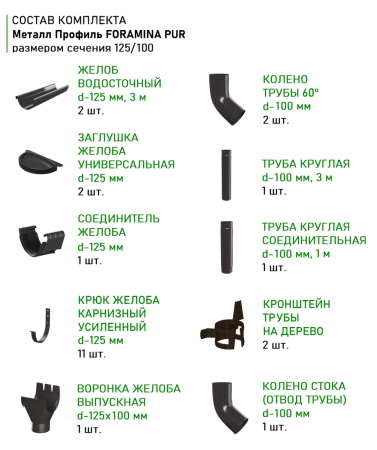 Комплект металлического водостока d-125x100 мм Металл Профиль FORAMINA PUR Purman двухсторонний RR 32 в Туле фото