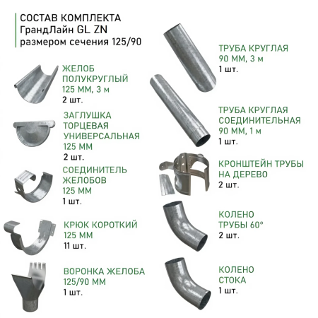 Комплект металлического водостока ГрандЛайн GL ZN d-125x90 мм 6 м/3 м Оцинкованный в Туле фото