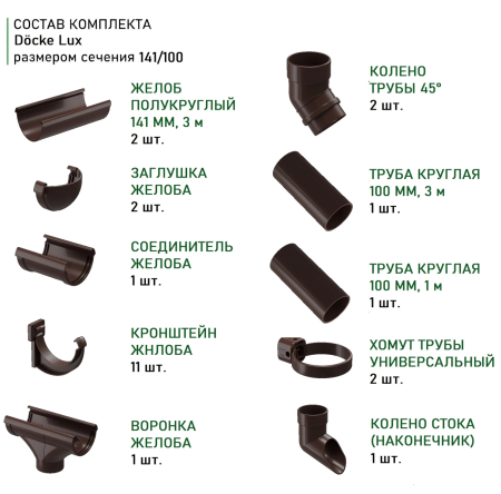 Комплект пластикового водостока d-141x100 мм Döcke lux шоколад RAL 8019 в Туле фото
