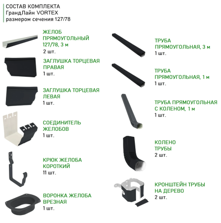 Комплект металлического водостока ГрандЛайн Vortex Matt 127x78 мм Полиэстер Matt RAL 7024 в Туле фото