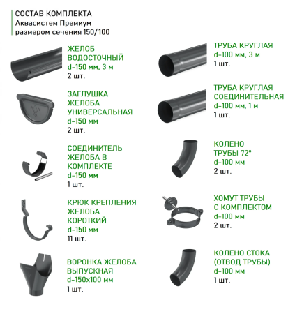 Комплект металлического водостока Аквасистем Премиум d-150x100 мм 6 м/3 м PU Matt RAL 7024 в Туле фото