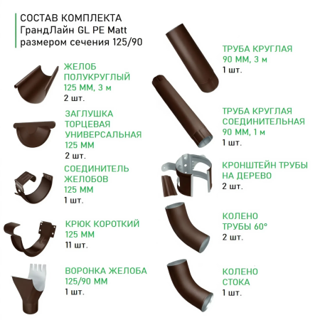 Комплект металлического водостока ГрандЛайн GL PE Matt d-125x90 мм 6 м/3 м Полиэстер Mat RAL 8017 (шоколад) в Туле фото